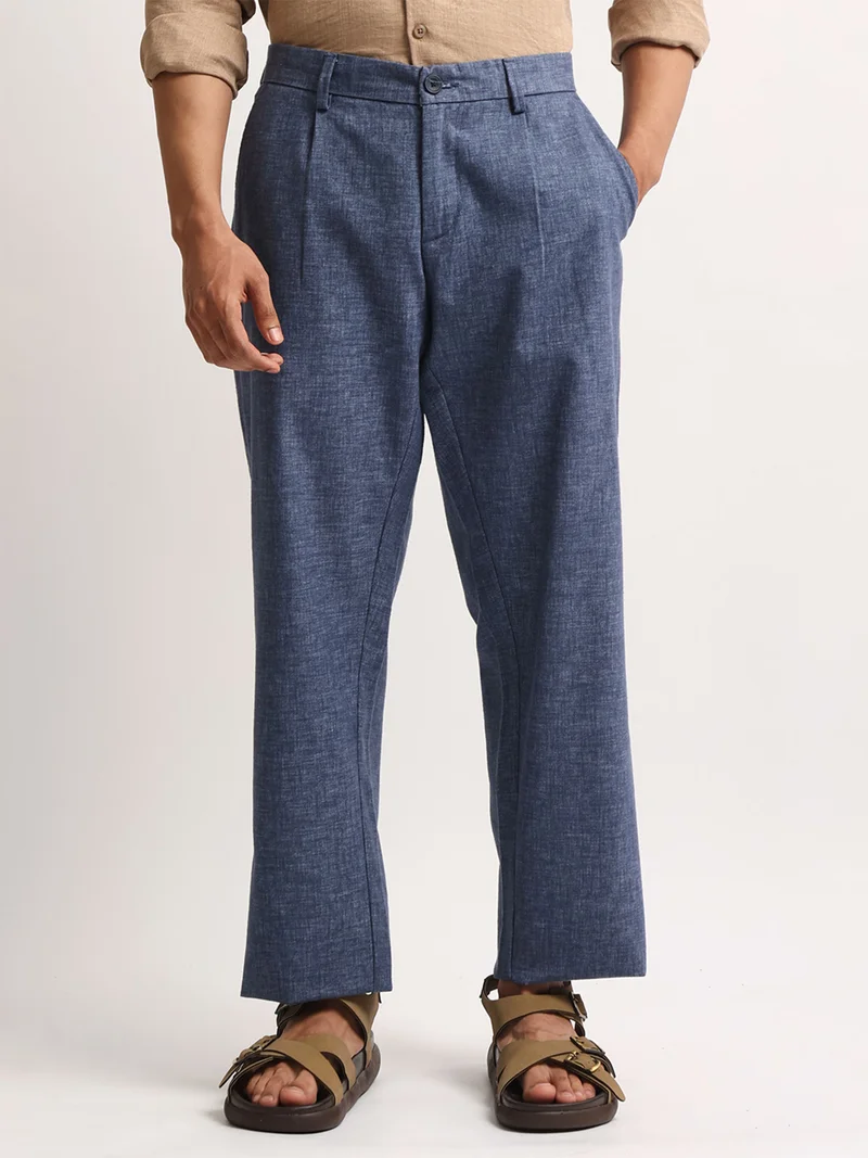 Maniac Maniac Mens Solid Blue Turkish Linen Cotton Blend Trouser